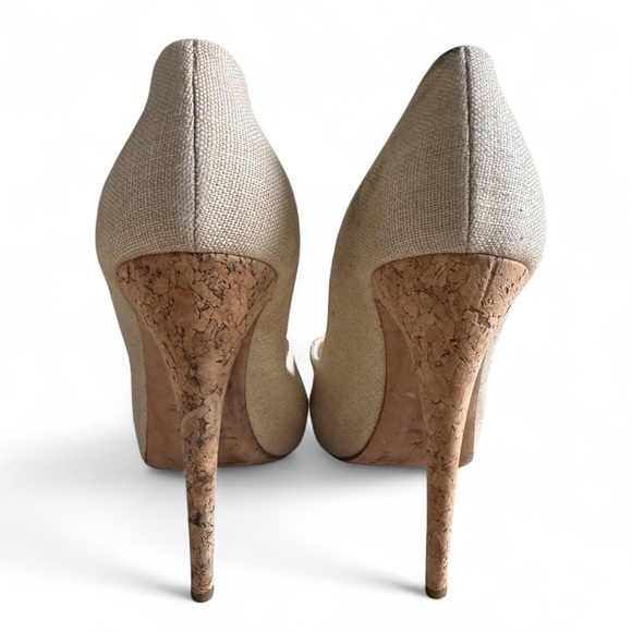 Alexandre Birman Cork Stiletto Heels Linen Peep Toe Pumps Beige High Heel 40.5 - Picture 6 of 11